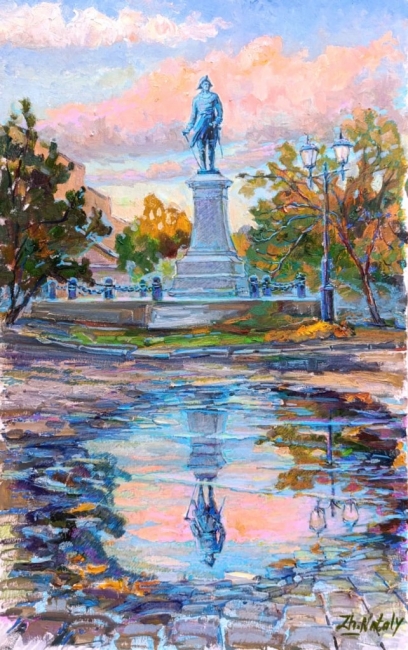 Розовый закат, отражение. Петр Первый Антокольского в Таганроге.  Пленэр ZhNataly  Розовый колорит на закате